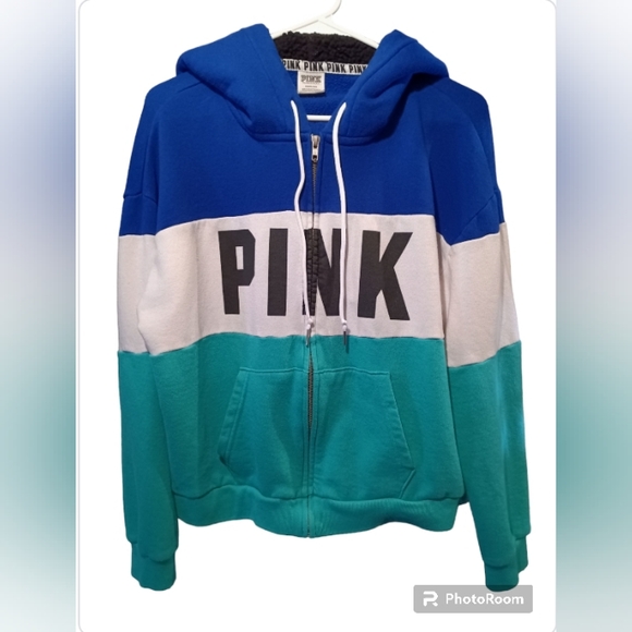 PINK VS Colorblock Aqua/Blue/White/Blk Logo Full Zip Up Sherpa Hoodie - Picture 4 of 9